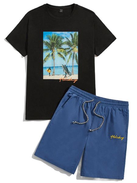 

men tropical print tee & drawstring waist shorts 645f#, Gray