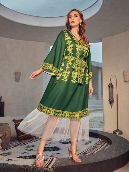 

plus scroll print contrast mesh ruffle hem belted dress u1dt#, Black