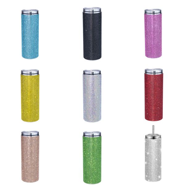 20oz Bling Flash Rhinestone Tumblers Su Şişeleri Paslanmaz Çelik Saman Kahve Kupası Düz ​​Vücut Düz Zayıflama Bardakları