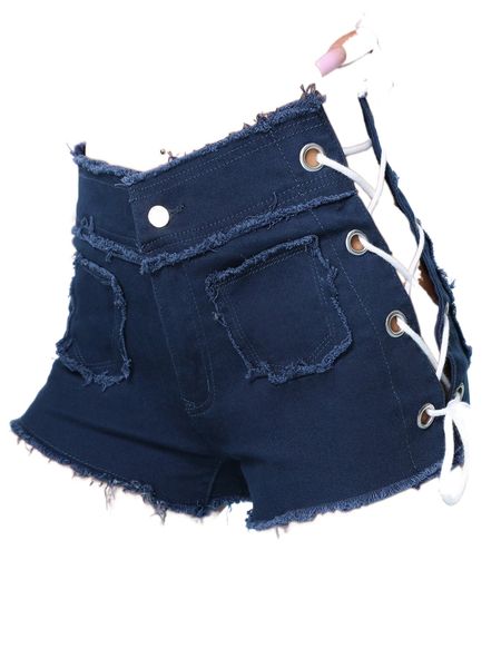 

lace up side raw hem denim shorts c4zl#, White;black