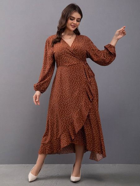 

plus polka dot tie side ruffle hem wrap dress c6jg#, Black