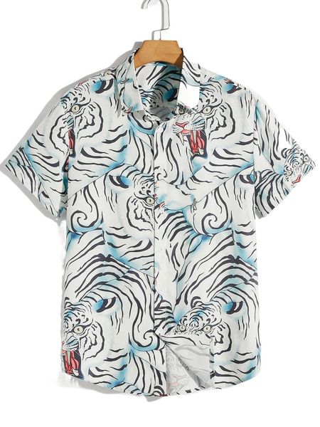 

romwe guys allover tiger print shirt j6bs#, White;black