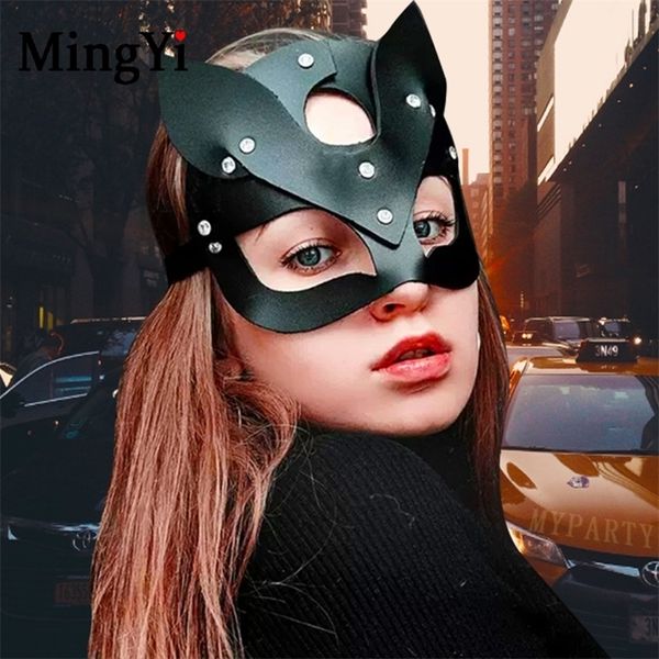 Maschera per gatti in pelle PU sexy per le donne BDSM Orecchie di gatto fetish Maschera per gli occhi neri Maschere per feste di carnevale di Halloween Maschere per feste Catwoman 200929