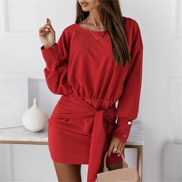 

cvyataya knot front belt solid bodycon dress autumn fashion drop shoulder long sleeves o neck short dresses for women 220317, Black;gray
