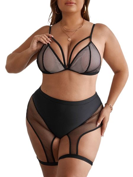 

plus contrast mesh cut out triangle high waist bikini swimsuit z3g7#, White;black