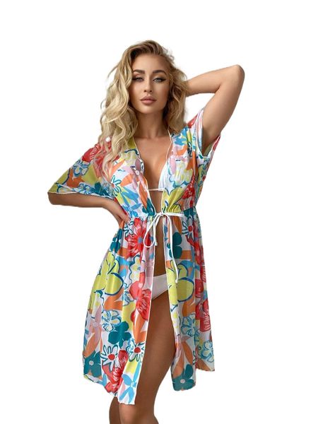 

random floral print mesh batwing sleeve knot front kimono u1vt#, White;black