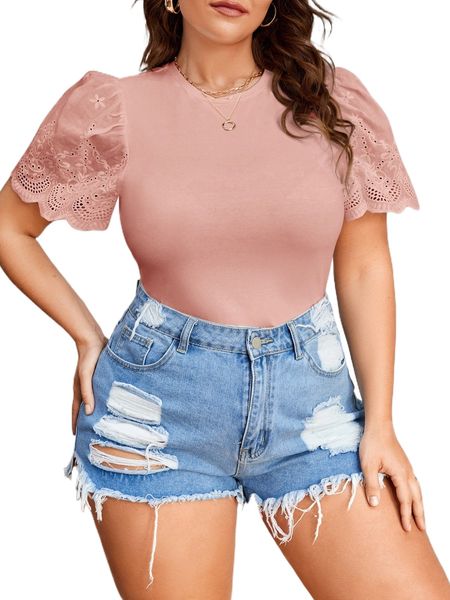 

plus puff sleeve eyelet embroidery tee k35v#, Black