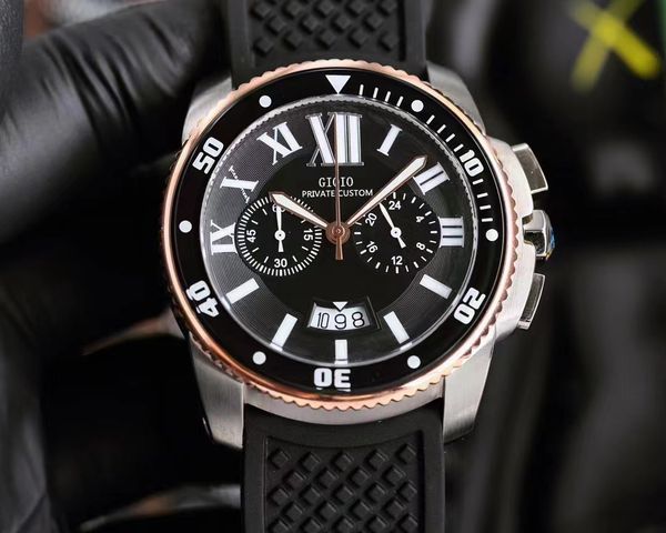 

42mm mens quartz chronograph watch satch black rubber rose gold stainless steel luminous sapphire calendar, Slivery;brown