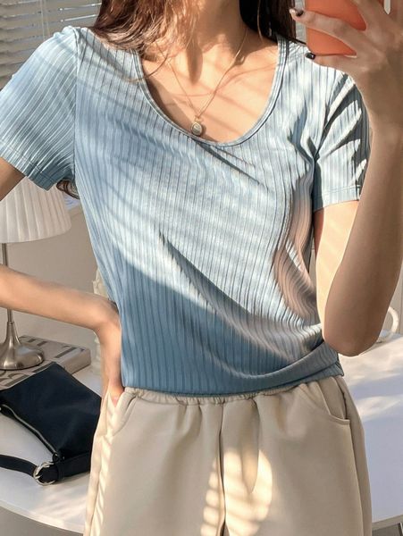 

dazy solid scoop neck rib knit tee d8zl#, White