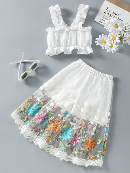 

toddler girls ruffle trim cami & floral embroidered mesh skirt she, White