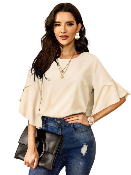 

solid flounce sleeve blouse c1lz#, White
