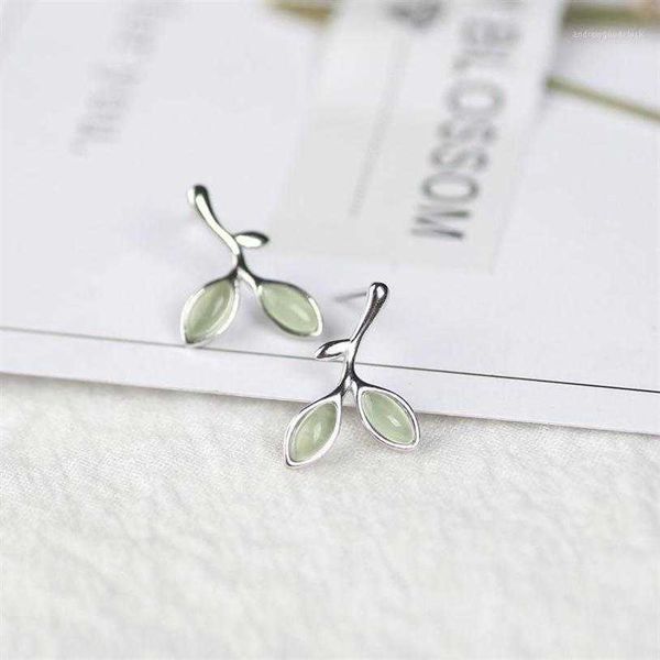 

stud leaf shape earring 925 sterling silver earings for women opal green stone ear pierced earings1269o, Golden;silver