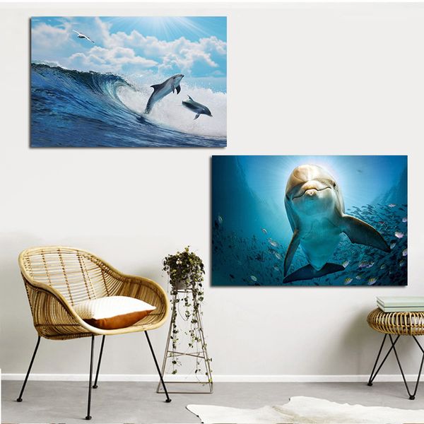 Мультфильм дельфин животные картинка волны волны морского пейзажа Принт скандинавской скандинавской стена картинка для детской комнаты для детской комнаты