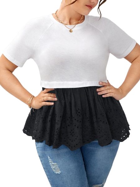 

plus raglan sleeve eyelet embroidery peplum w3uy#, Black