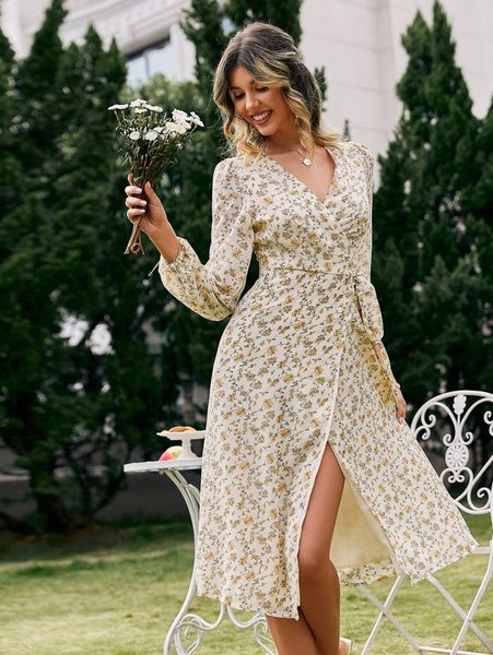 

simplee floral print knot side wrap dress 80tu#, Black;gray