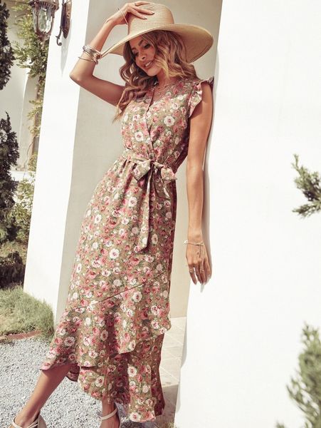 

allover floral print ruffle wrap hem belted dress r1cl#, Black;gray