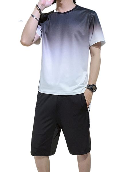 

men ombre tee & contrast side seam shorts x3zy#, Gray
