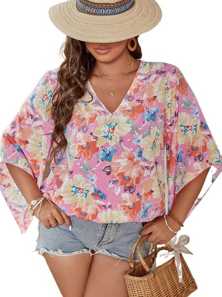 

plus floral print trumpet sleeve blouse z1vi#, Black