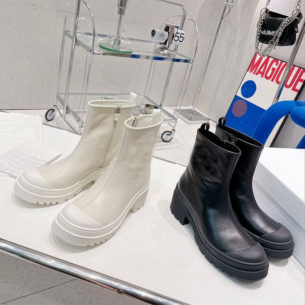 

2022 new symbol women leather ankle boots black white supple calfskin round side zipper round toe boots eva sole winter large size boots wit
