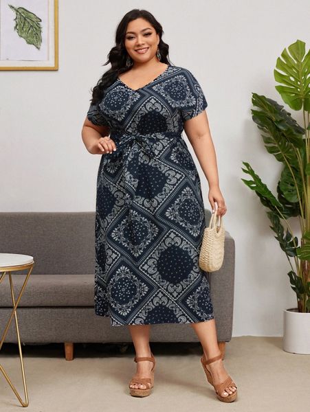 

emery rose plus paisley print batwing sleeve belt dress u3lg#, Black