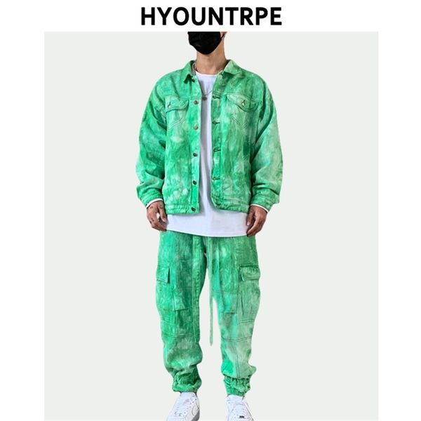 

2 pieces sets men fashion tie dyed single breasted denim jeans jacket coat and loose fit zipper pants joggers streetwear sets lj201125, Gray