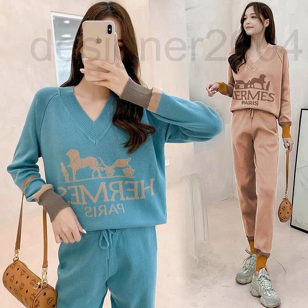 

two piece dress designer new product 2021 autumn winter carriage jacquard v-neck pullover sweater slim fitting pants two piece suit tide bra, White