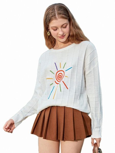 

mod sun pattern drop shoulder textured knit sweater a5to#, White;black