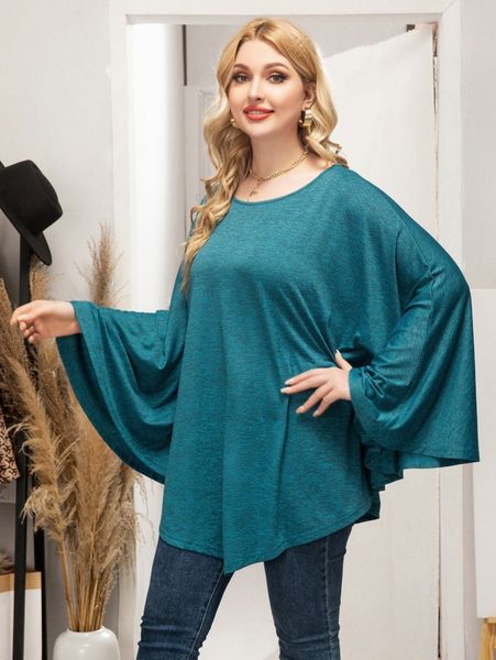 

plus batwing sleeve asymmetrical hem tee p6dz#, Black