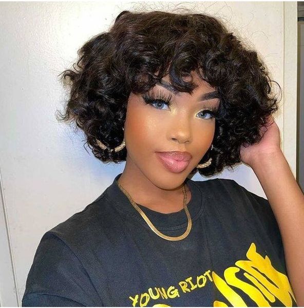 

short curly human hair wigs with bangs brazilian remy bob pixie cut wig machine made black colored wig, Black;brown