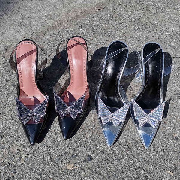 

sandals women's shoes butterfly buckle crystal sandals women's pvc pointed back hollowed baotou wine cup and transparent high heel, Black