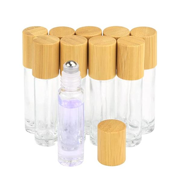 Roll-on-Flaschen aus Glas für ätherische Öle mit Rollkugeln aus Edelstahl und Bambusdeckel, 5 ml, 10 ml, 15 ml, nachfüllbare, transparente Parfümprobenflasche