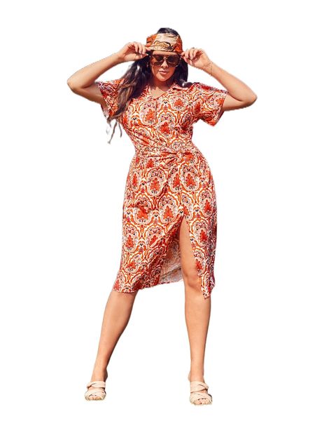 

plus allover floral twist front dress without chain belt z69f#, Black