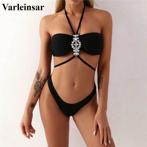 

halter bikini female swimsuit women swimwear two-pieces bikini set with shiny diamond decor bather bathing suit swim lady v2675, White;black