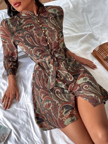 

paisley print belted chiffon shirt dress x18z#, Black;gray