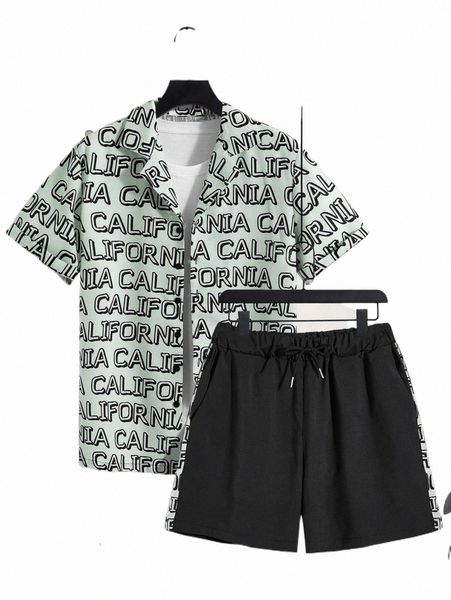 

men letter graphic shirt & drawstring waist shorts without tee w4zc#, Gray