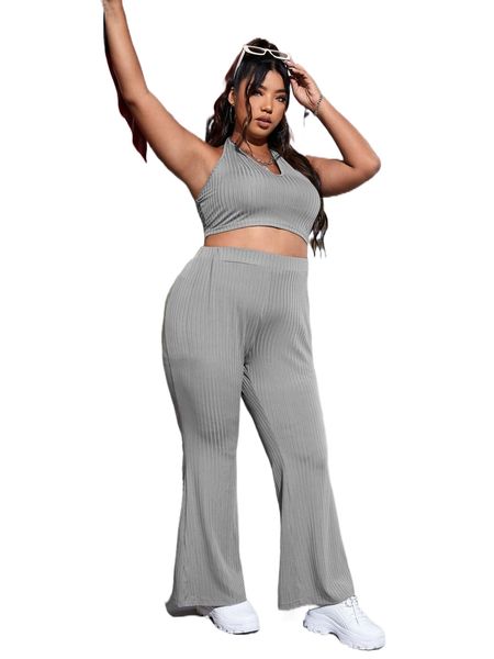 

plus ribbed knit backless halter & flare leg pants 63i0#, Black