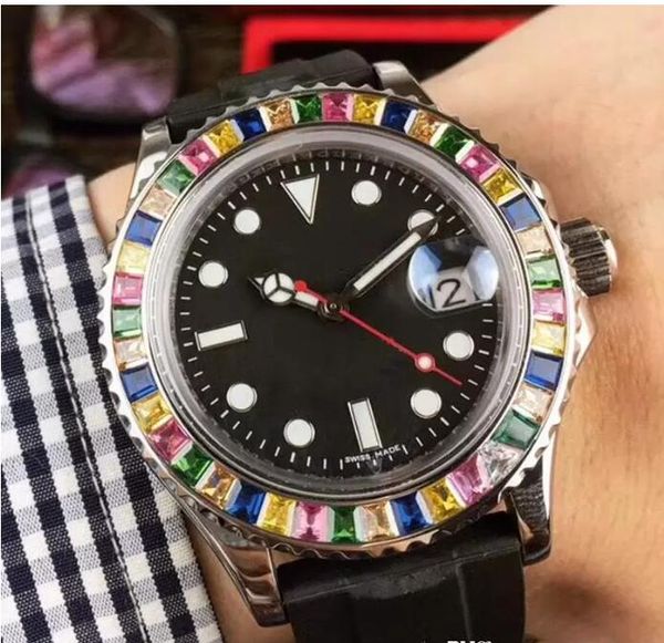 

good sale classical colorful diamond bezel yacht watch automatic mechanical rubber strap movement 116695 sports sapphire glass watrtproof me, Slivery;brown