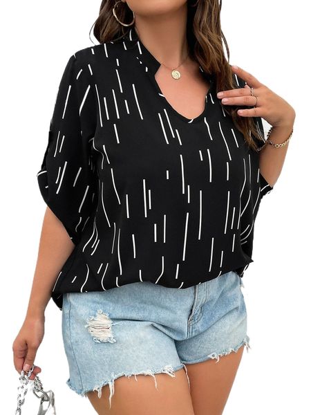 

plus striped roll tab sleeve popover blouse 51in#, Black