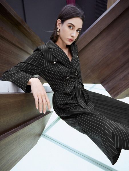 

striped print lapel neck belted blazer dress d27v#, Black;gray