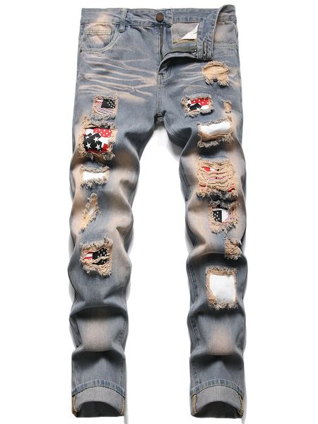 

men contrast elbow patch detail ripped jeans y3vy#, Blue