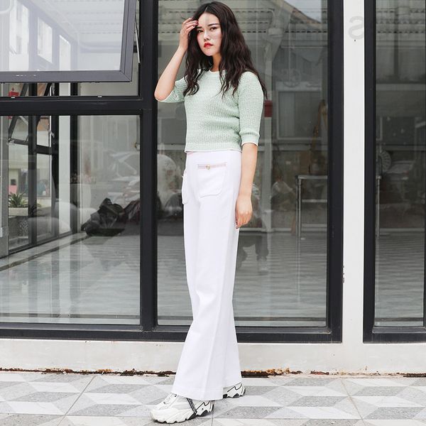 

women's pants & cpris designer xioxingfeng white csul pnts for women re thin nd verstile, with high wist sense of looseness. wide leg n, Black;white