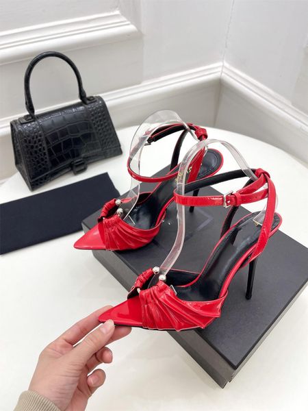 

2022 Designer Sandals Sexy Women's High Heels Mesh Bows Ankle Strap Gladiator Sandalias Exquisite Stiletto-heel Wedding Party Dress Evening Shoes, Crimson