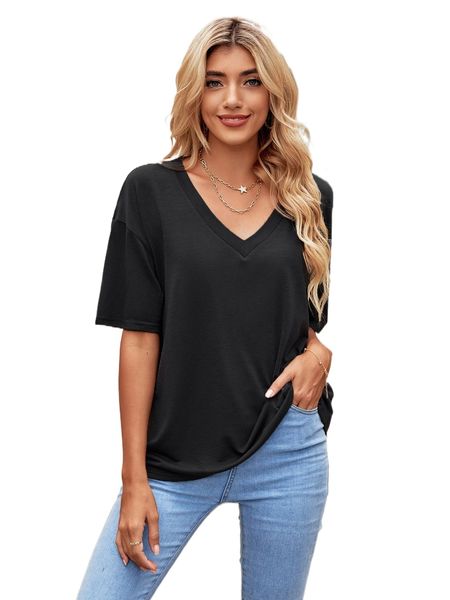 

drop shoulder solid v-neck tee 12ml#, White