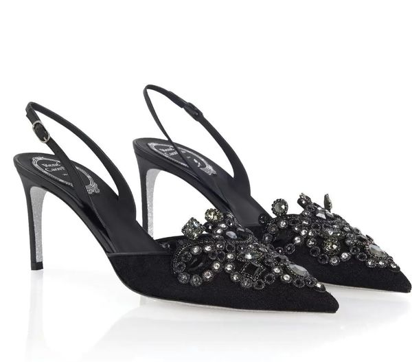 

italy design jewel slingbacks veneziana sandals rene bridal party wedding caovilla pumps exclusive look lace pointed toe high heels eu35-42, Black