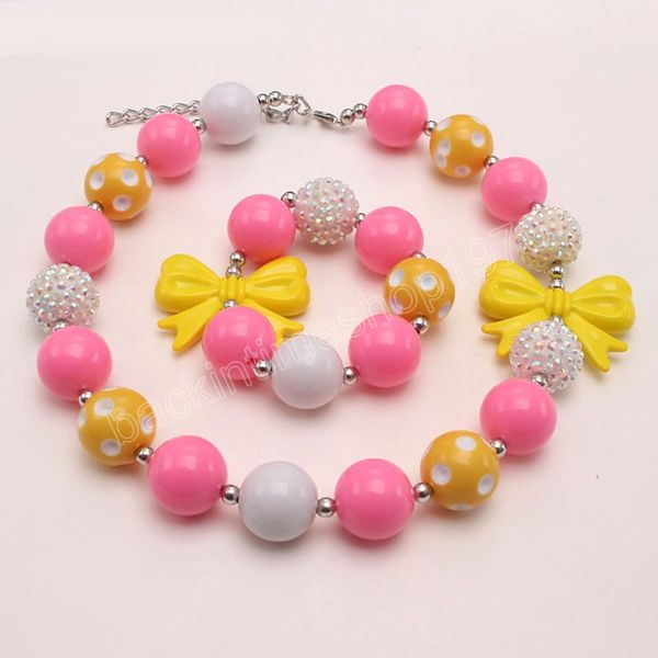 Collar de cuentas con lazo grueso para bebé, conjunto de joyería para niñas bonitas, pulseras de goma de mascar hechas a mano para niños, regalos de fiesta