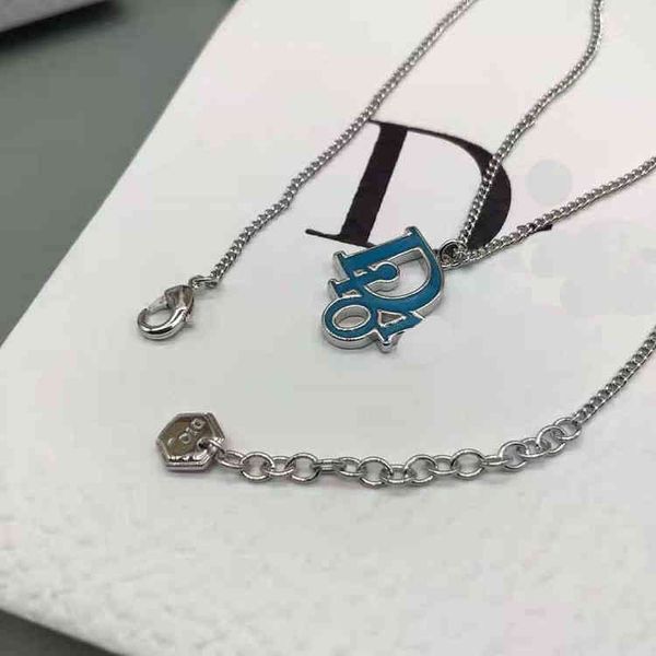 

fine jewellery letter blue glue clavicle chain necklace platinum brass sweater chain, Black