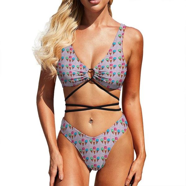 

women's swimwear ice cream cones bikinis set color cartoon print bikini swimsuit push up high cut swim feminine beach wearwomen's, White;black