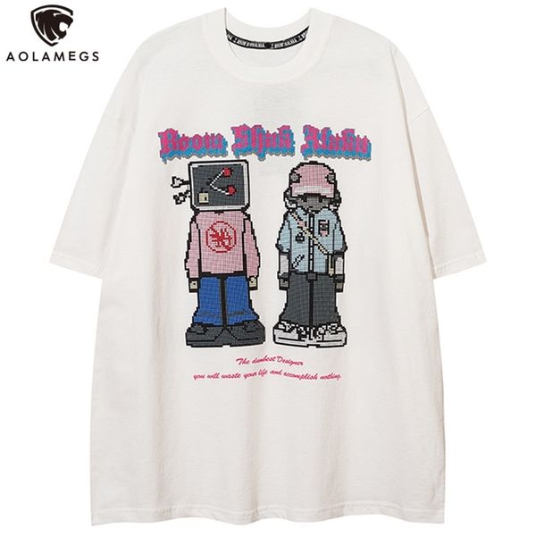 

aolamegs men vaporwave cartoon robot print t-shirt men cozy high street college style tee couple harajuku casual streetwear 220706, White;black