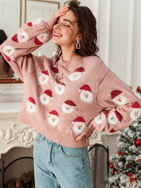 

simplee drop shoulder santa claus pattern sweater f2x9#, White;black