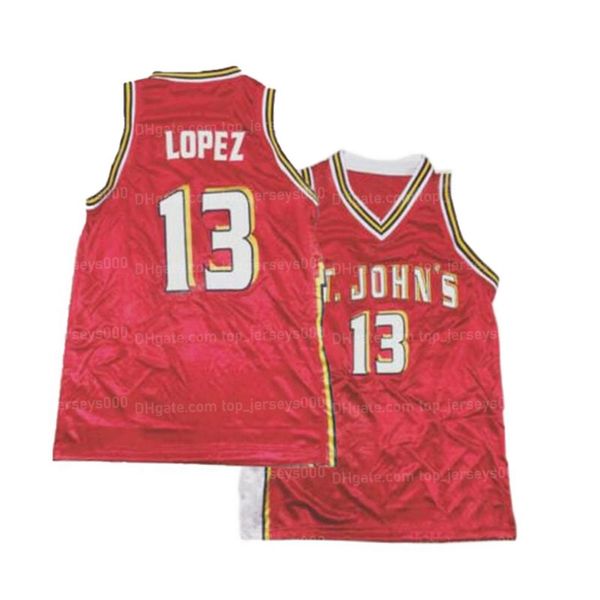Изготовленный на заказ ретро 80-х Фелипе Лопес # 13 Баскетбольная майка Сент-Джонс Все сшитые красные Любое имя Номер Размер 2XS-6XL
